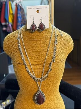 White House Black Market Silver-Tone Necklace Set with Deep Red Teardrop Stones